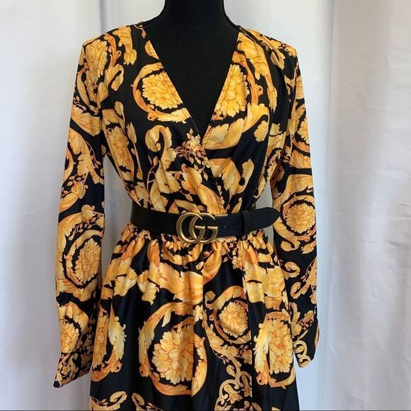 YELLOW black chain print Versace inspired maxi dress Sz M - Picture 5 of 15